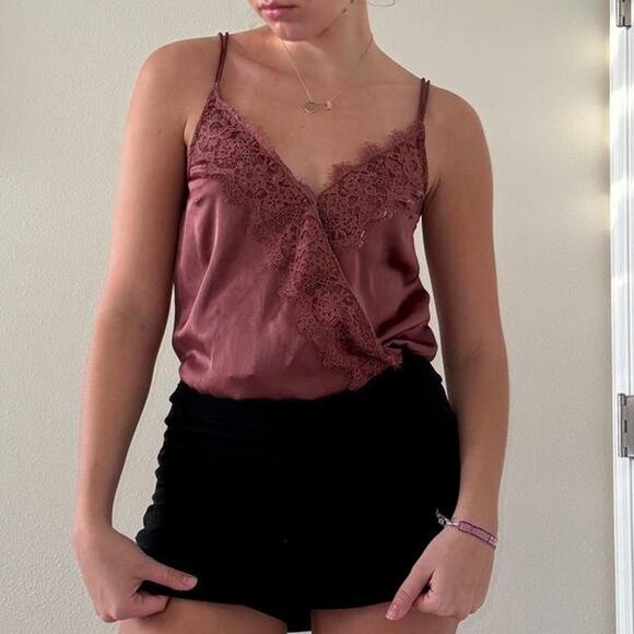 Abercrombie & Fitch Dusty Rose Lace Trim Faux Wrap Bodysuit Cami SZ M - Picture 1 of 13
